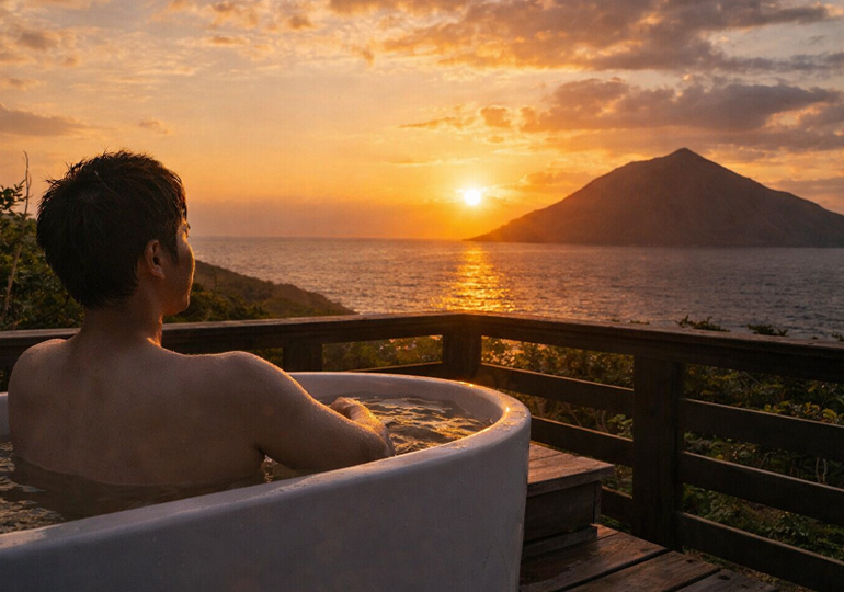 八丈島　夕日 お風呂